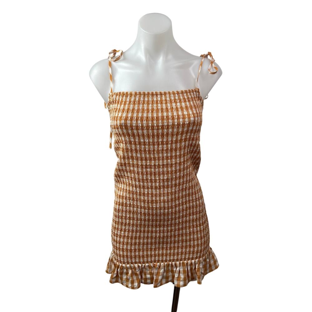 Reformation Gemini Women Coral Gingham Check Sleeveless Ruffle Tank Mini Dress M